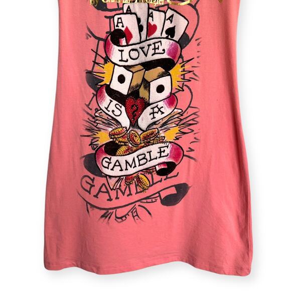 Ed Hardy Peach Pink Short Sleeve V Neck Airbrushed Y2K Night Shirt Women's S - Picture 4 of 11